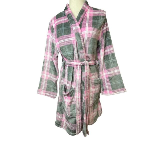 PJ Couture Pink Gray & White Plaid extra Soft wrap Robe with pockets size s/M - Picture 2 of 11
